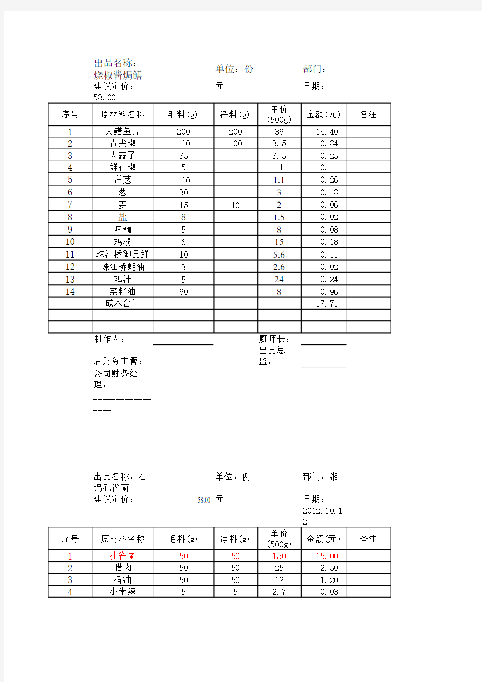 菜品标准成本卡