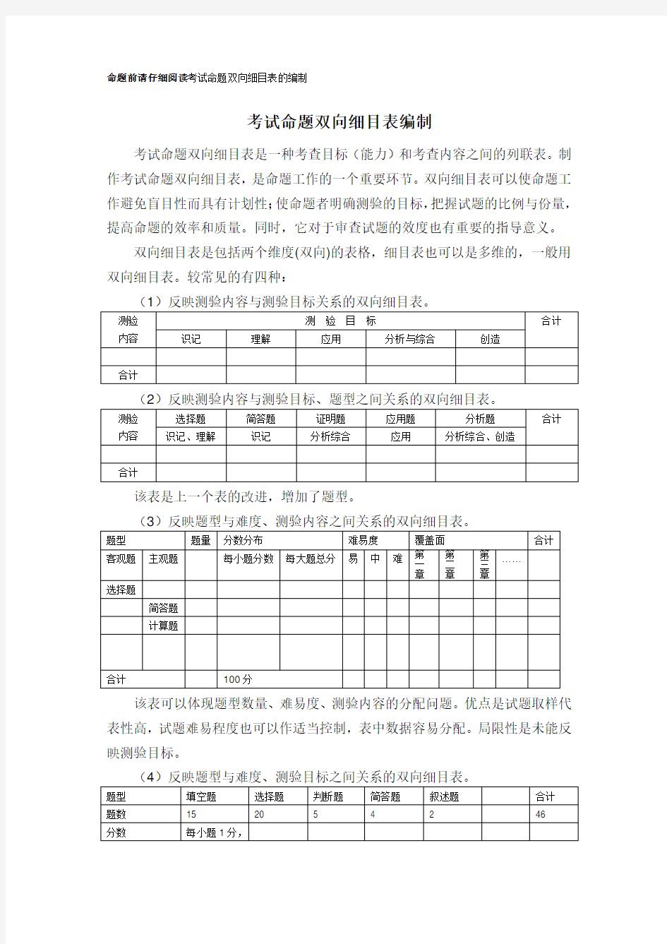 考试命题双向细目表