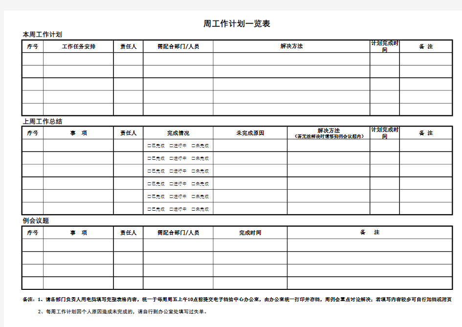 周工作任务计划一览表