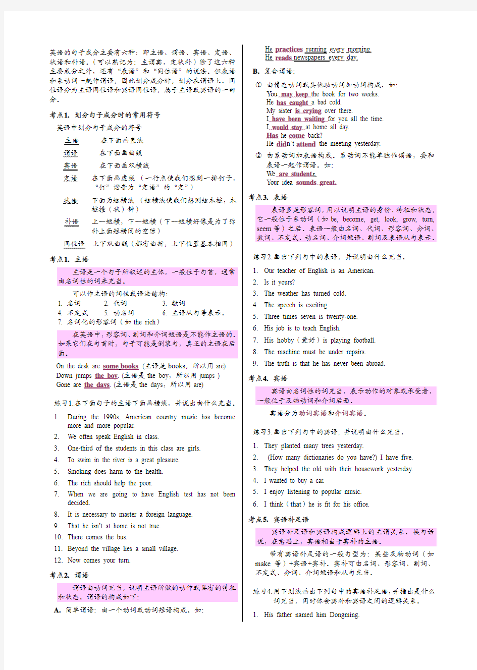 1.高中英语语法通霸句子结构成分分析主语谓语宾语定语状语补语