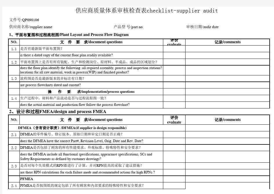 供应商质量体系审核检查表