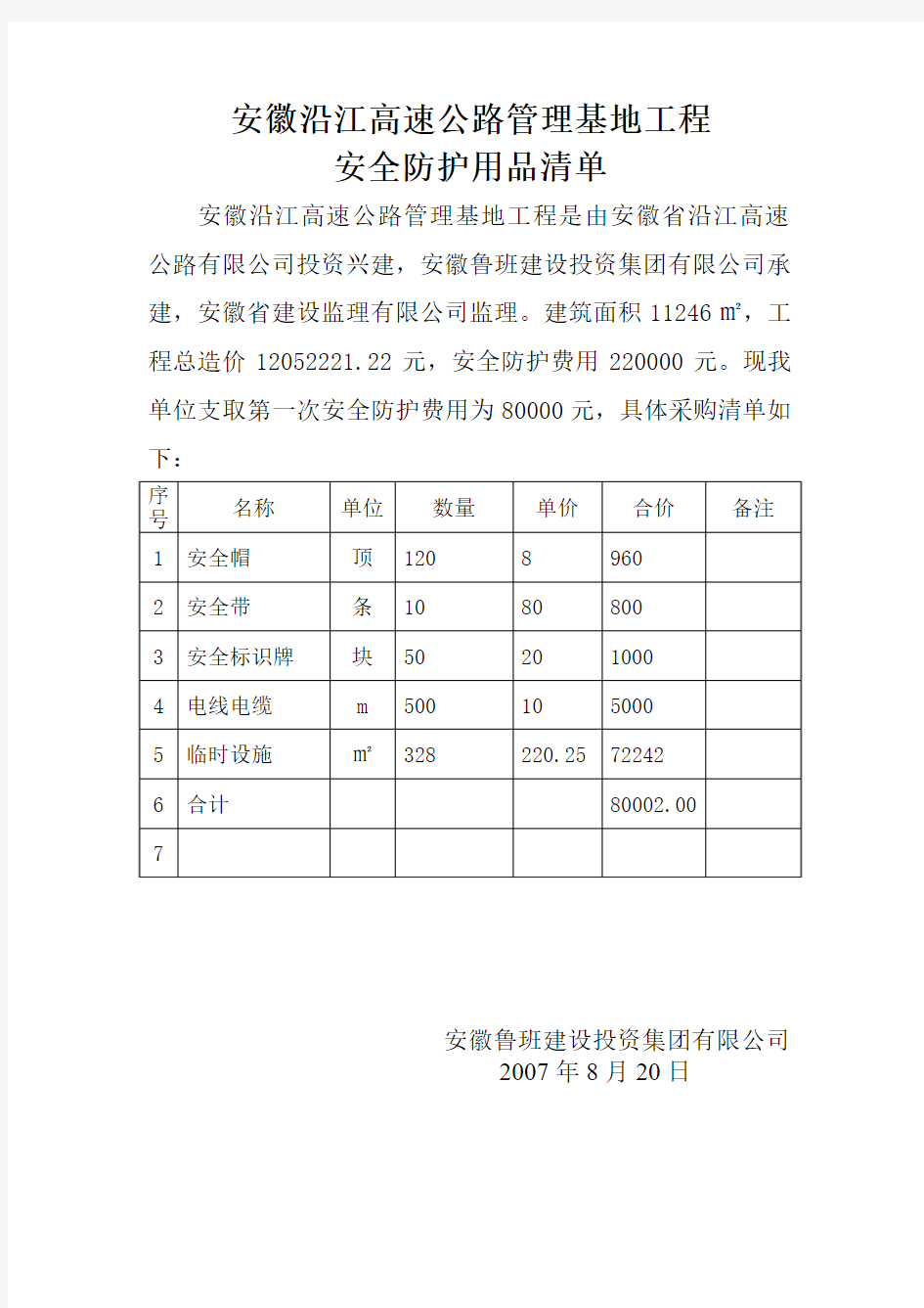 安全防护用品清单