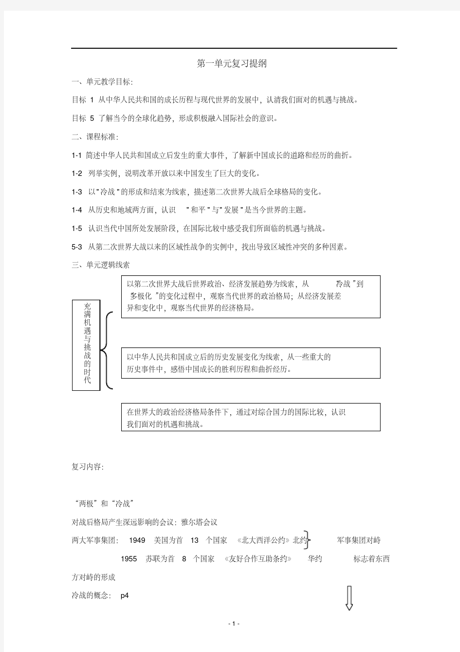 第一单元《充满机遇与挑战的时代》单元复习提纲