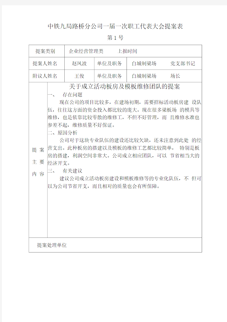 中铁九局路桥分公司一届一次职工代表大会提案表