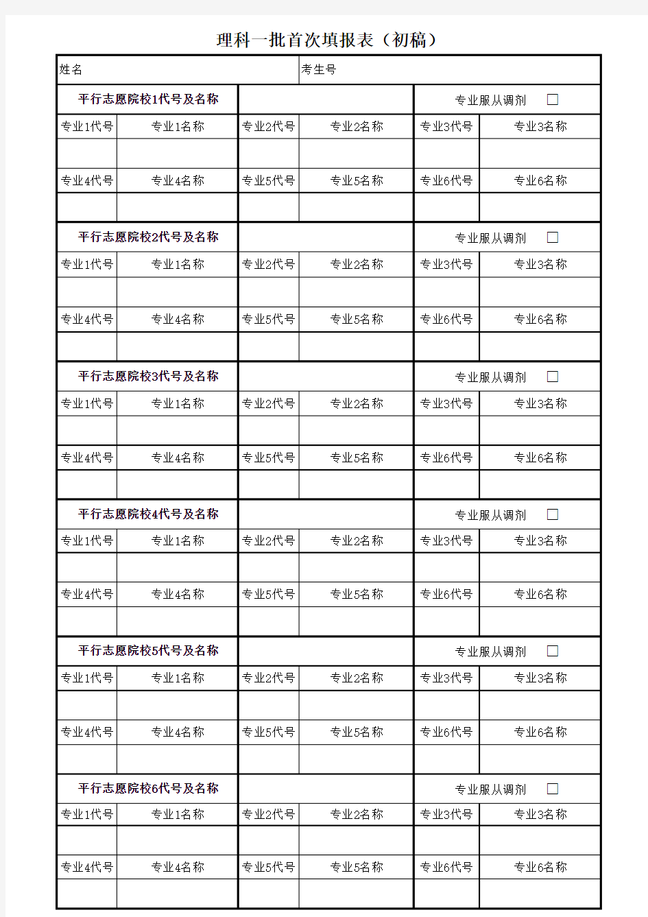 高考志愿填报表格 初 