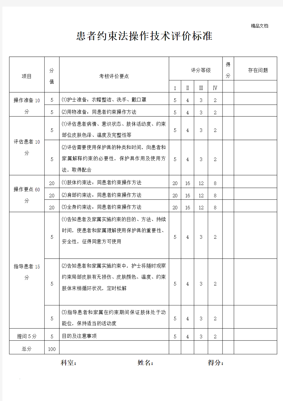 患者约束法操作技术评分标准