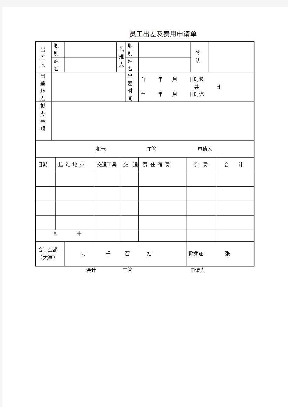 员工出差及费用申请单表格格式