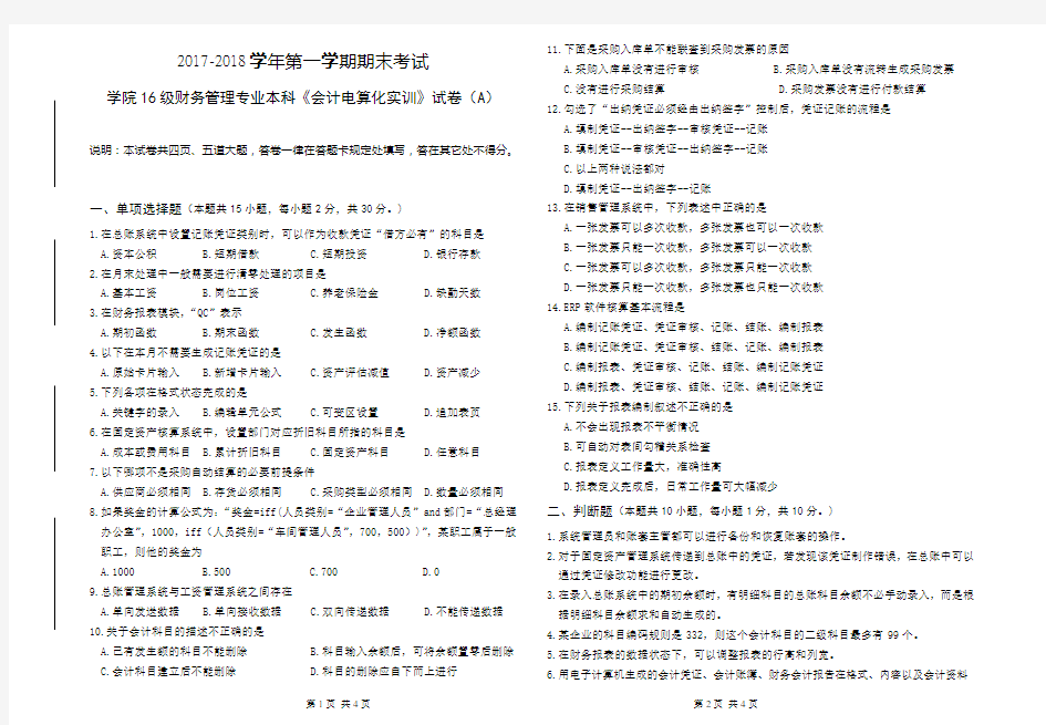 《会计电算化实训》试卷