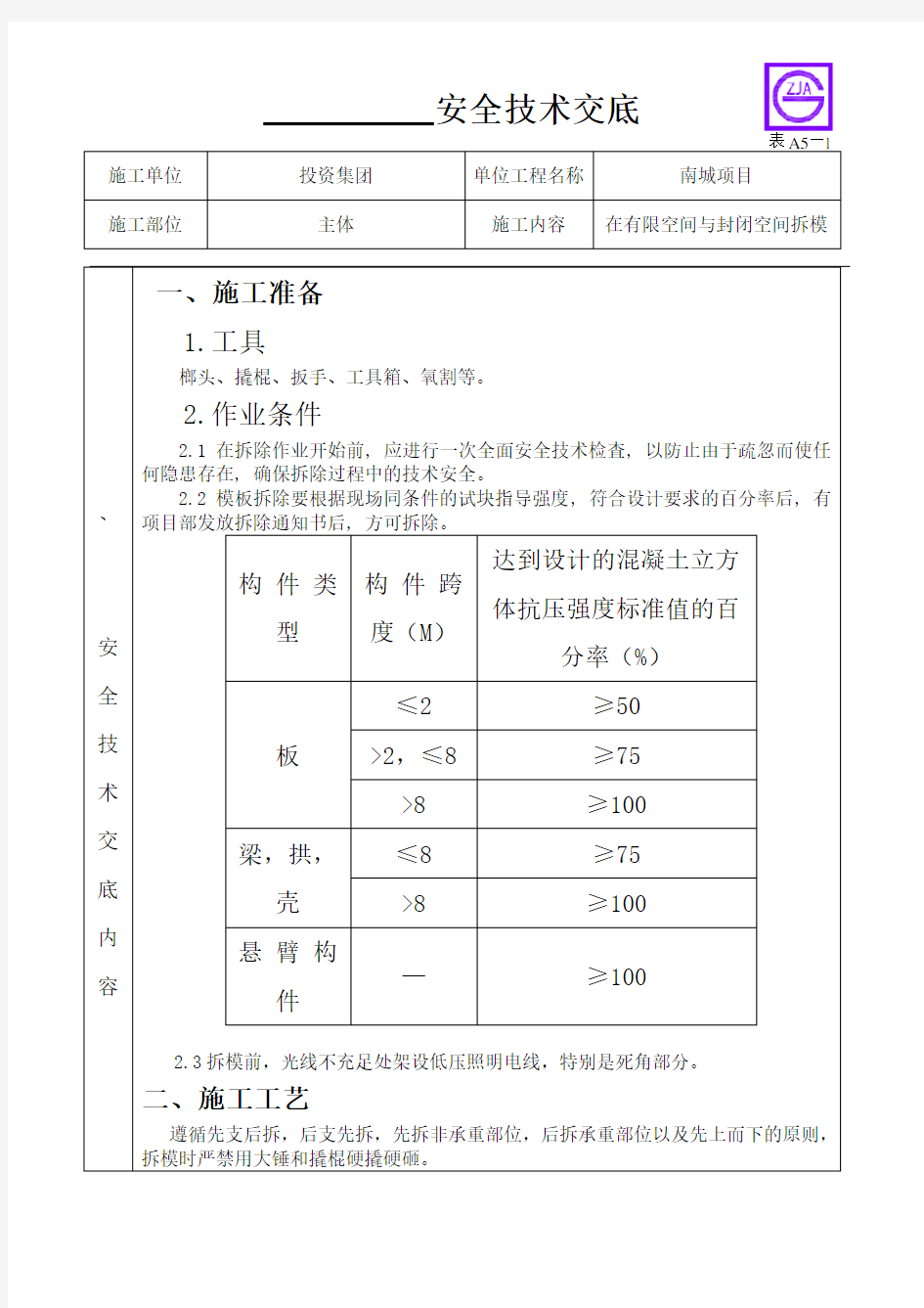 在有限空间与封闭空间拆模安全技术交底