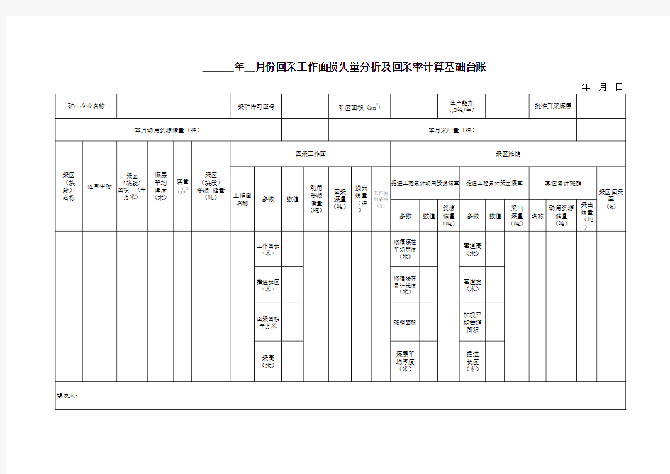 分月分工作面损失量分析及回采率计算基础台账