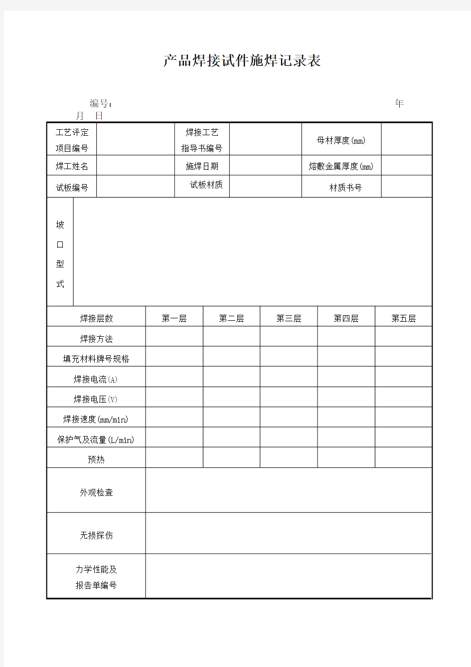 产品焊接试件施焊记录表