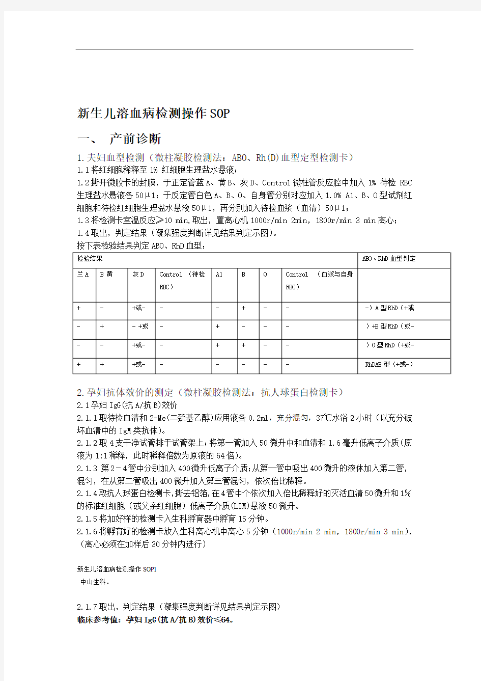 新生儿溶血病检测操作SOP