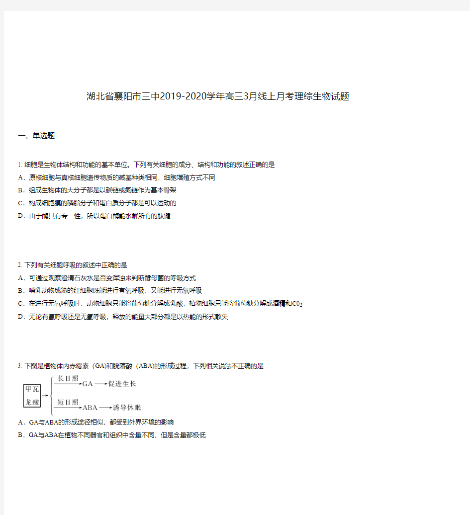 湖北省襄阳市三中2019-2020学年高三3月线上月考理综生物试题