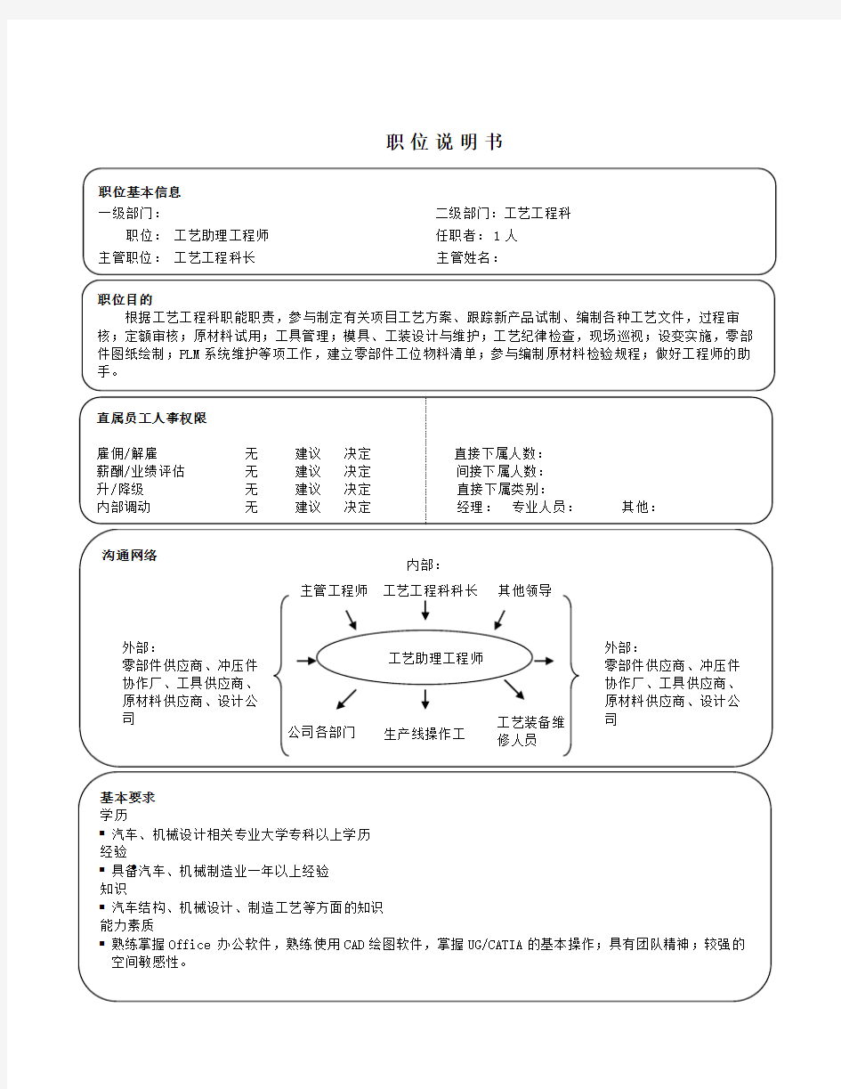 现场支持职位说明书工艺助理工程师(参考Word)