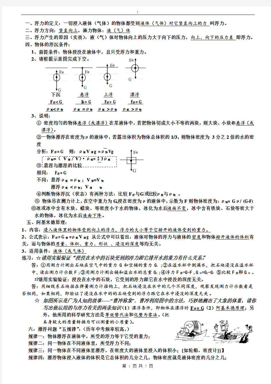 八年级物理浮力复习知识点、题型整理及答案全新