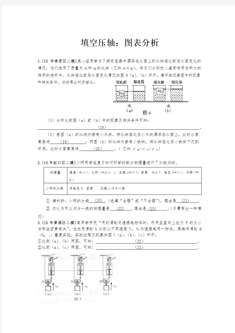 2016年上海中考物理二模压轴题汇总之填空：图表专题