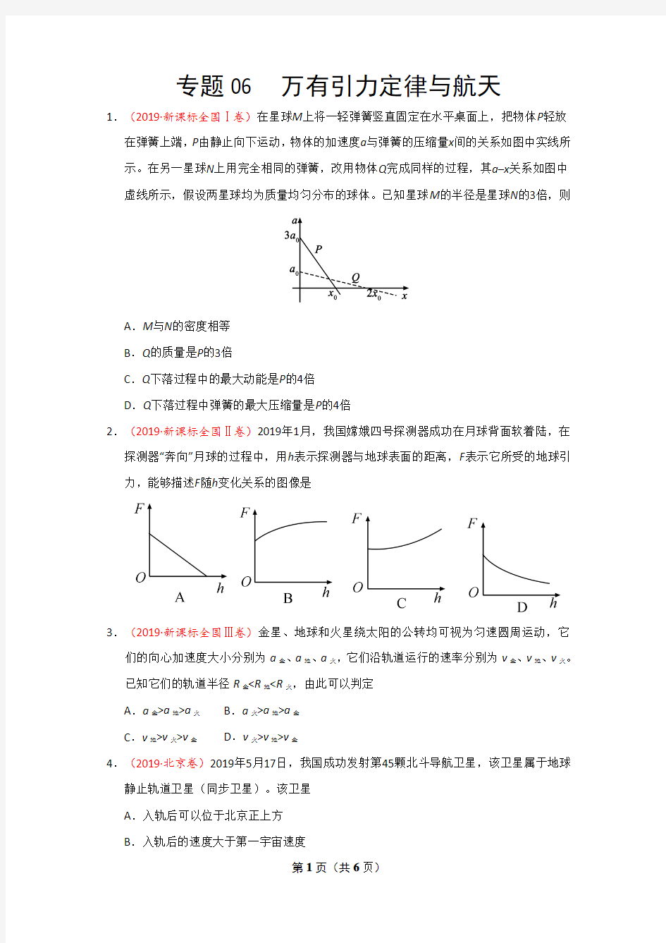 2019年高考真题+高考模拟题专项版解析汇编 物理专题06 万有引力定律与航天-(原卷版)