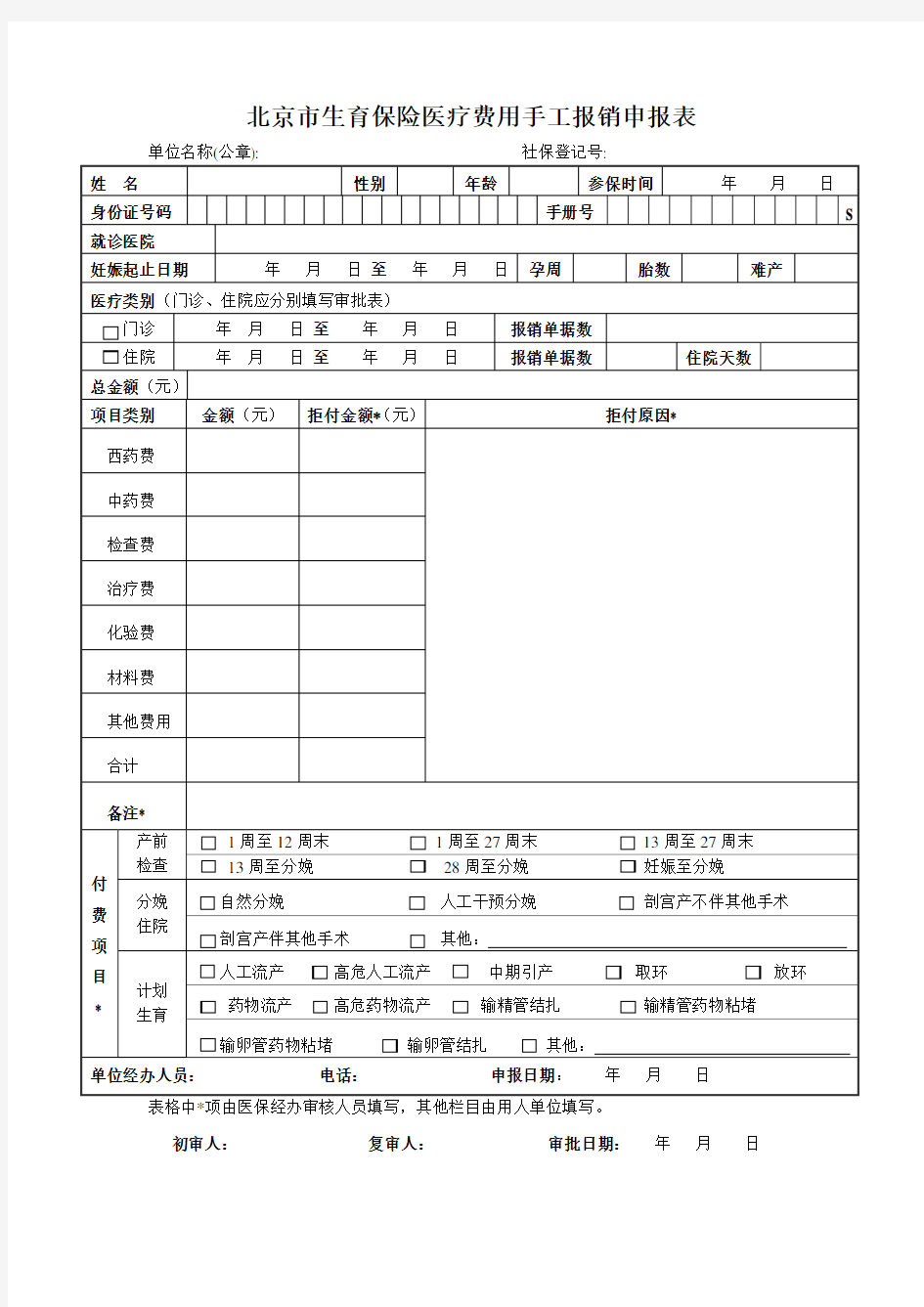 2018北京市生育保险医疗费用手工报销申报表