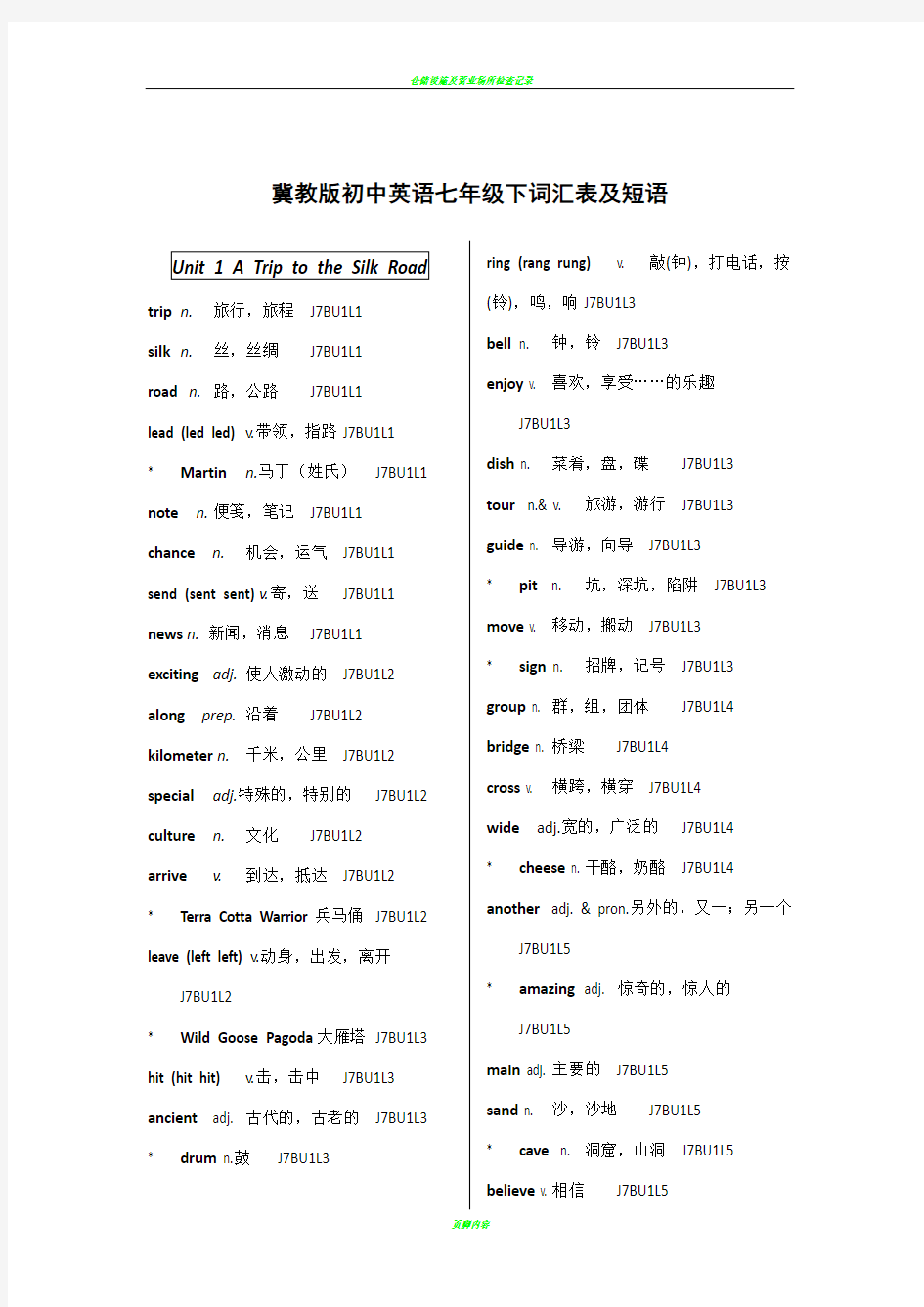 冀教版初中英语七年级下词汇表及短语(校订版)