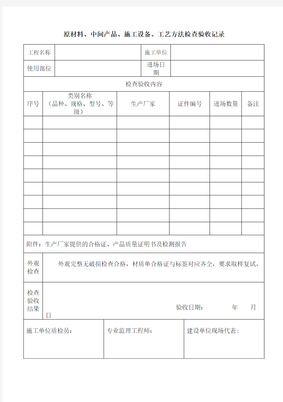 原材料构配件进场检查验收记录