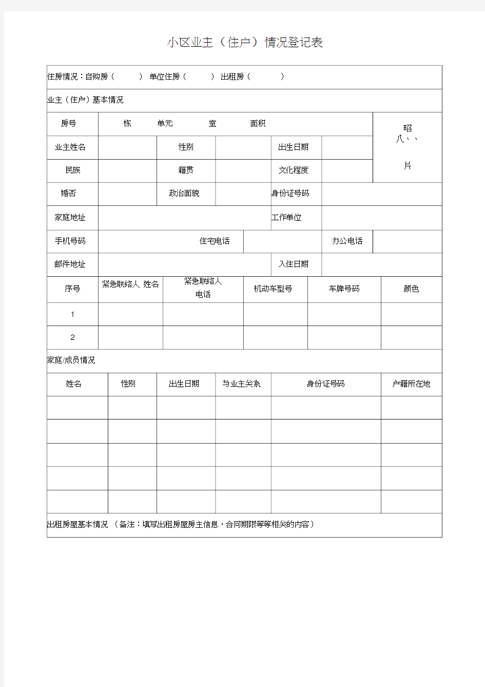 小区业主(住户)情况登记表