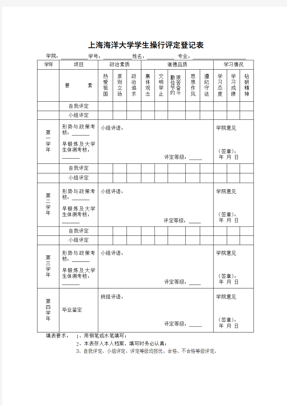 大学学生操行评定登记表(修改版)