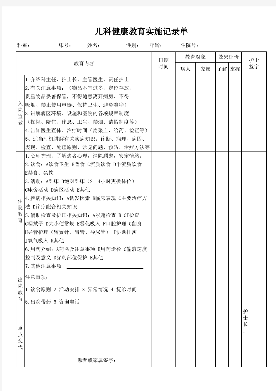 儿科健康教育实施记录单