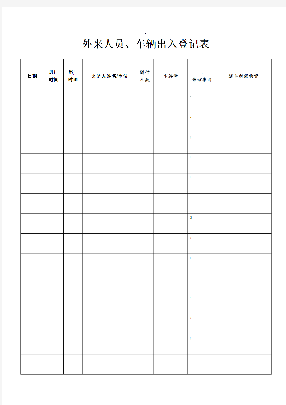 人员车辆出入登记表