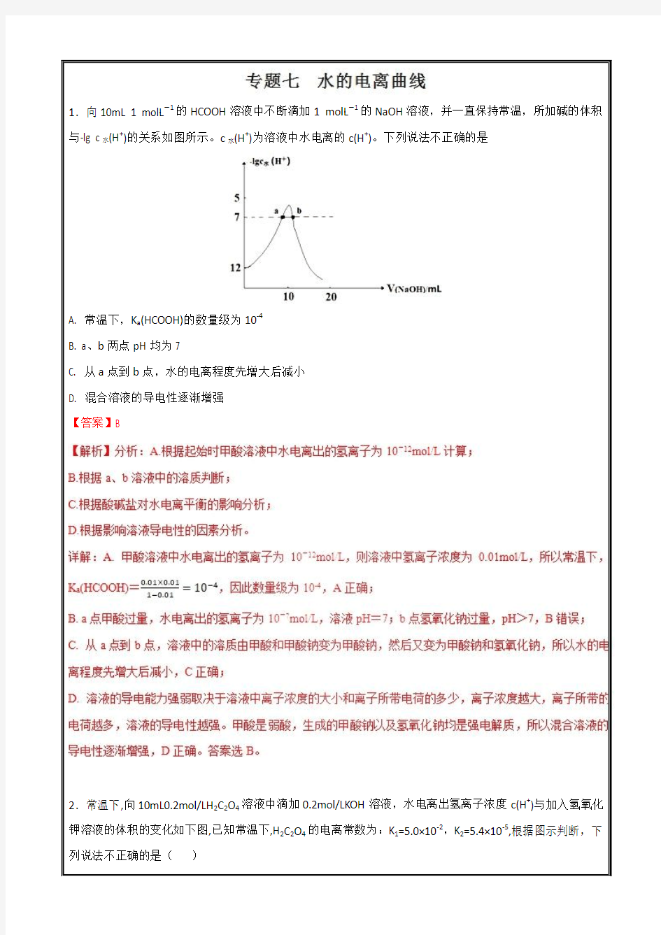 水的电离曲线-2019高考复习专题——酸碱中和滴定曲线大全 ---精校解析Word版