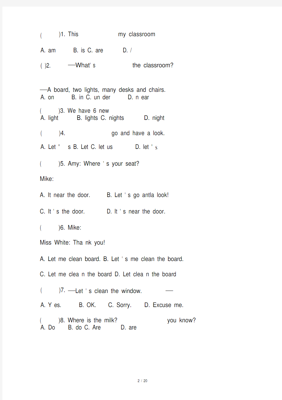 四年级上册英语试题和答案