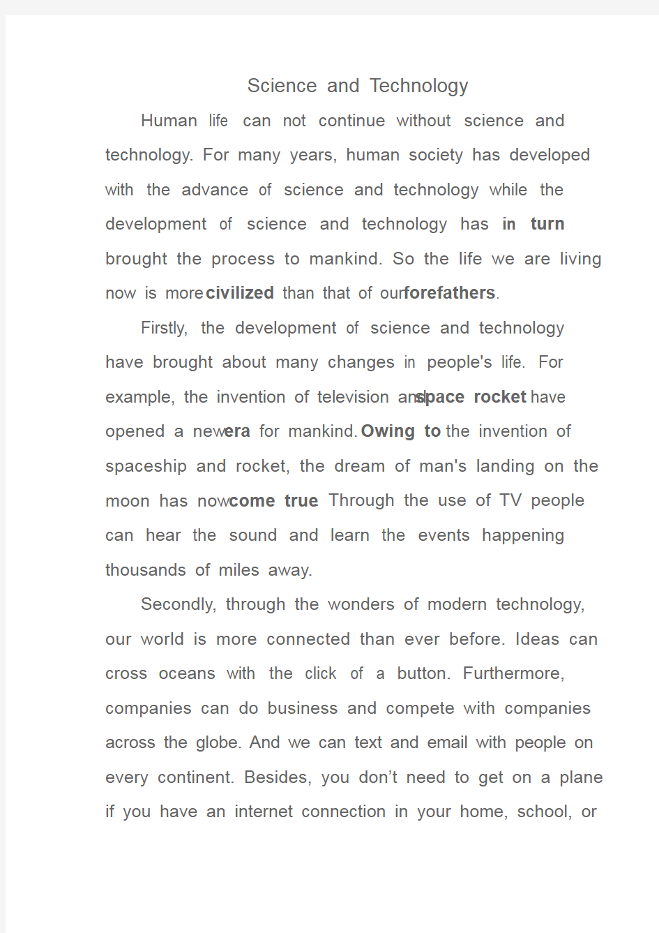 大学英语四六级作文专四专八作文Science and Technology 中英文对照(280字)