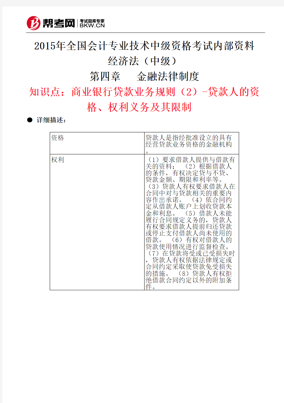 第四章金融法律制度-商业银行贷款业务规则(2)-贷款人的资格、权利义务及其限制