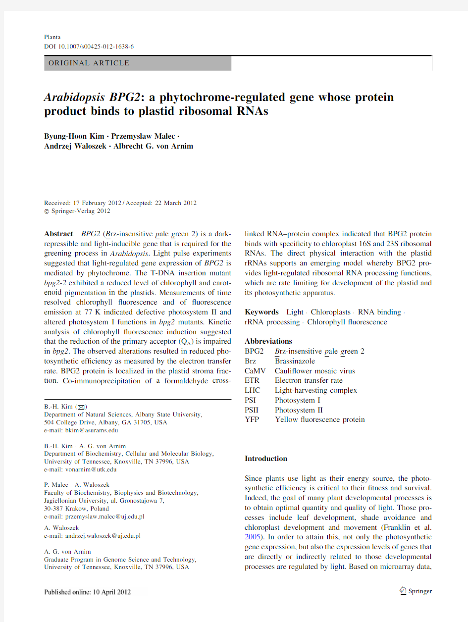 FluorCam叶绿素荧光成像文献 2012 Arabidopsis BPG2 a phytochromeregulated gene whose protein