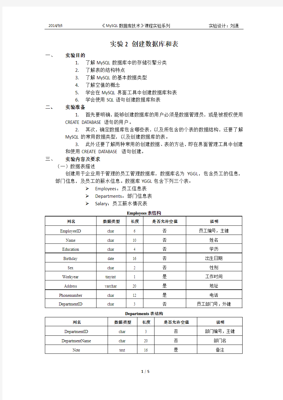 实验2 创建数据库和表