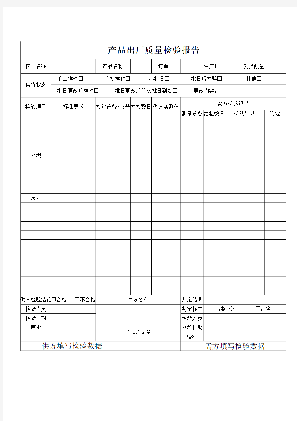 产品出厂质量检验报告单