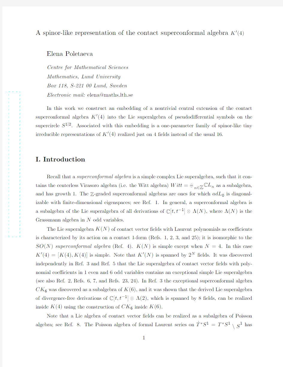 A spinor-like representation of the contact superconformal algebra K'(4)