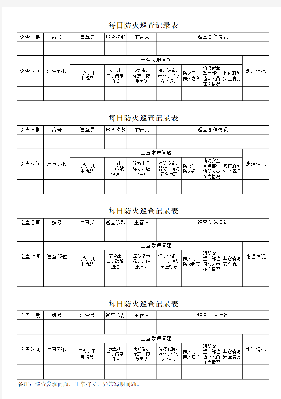 每日防火巡查记录表