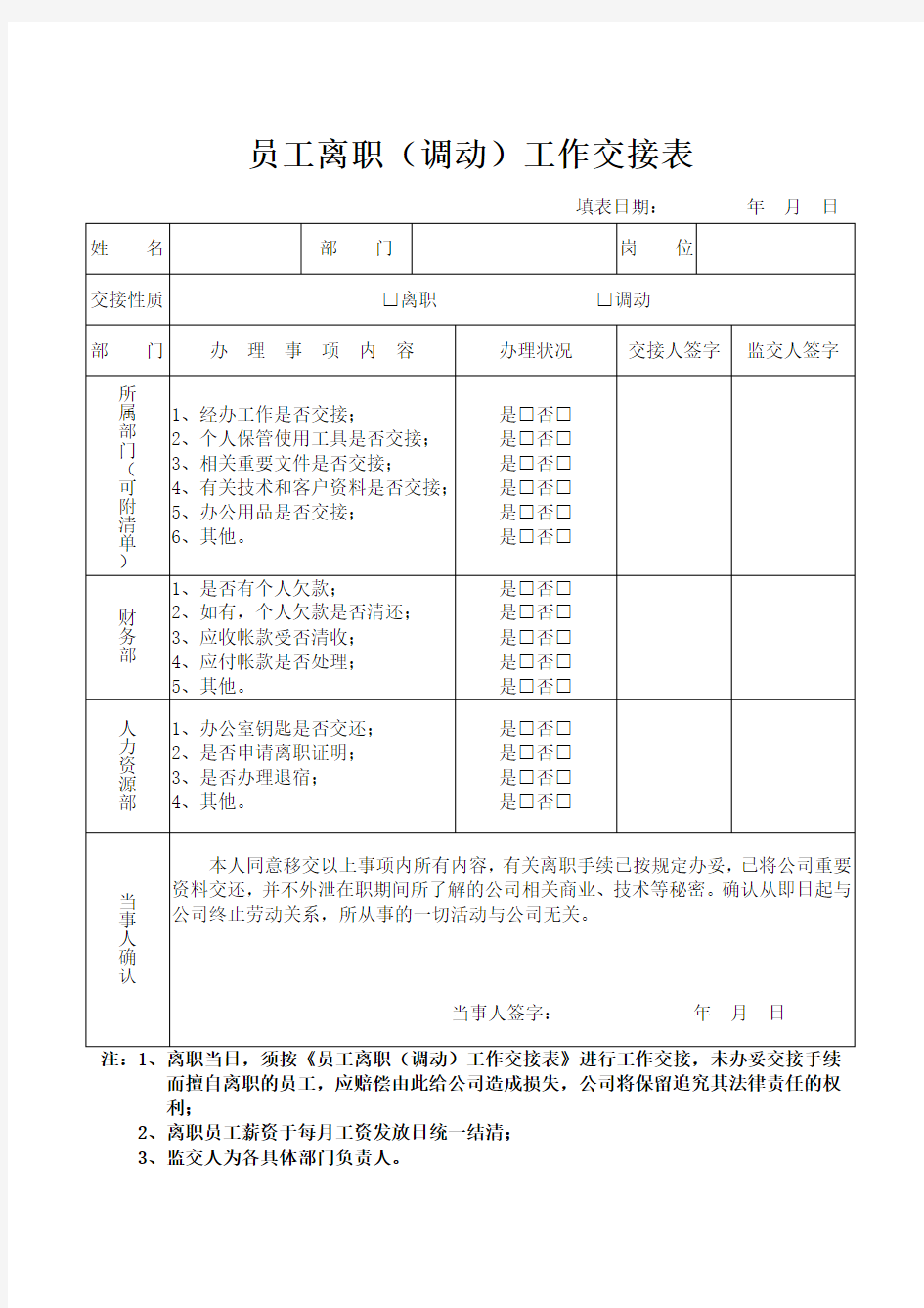 员工离职(调动)工作交接表