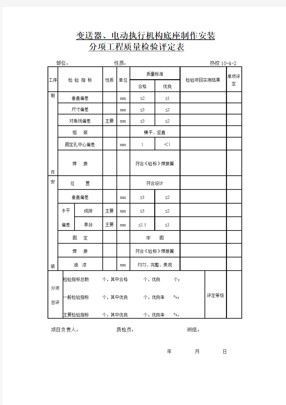 安装分项工程质量检验评定表