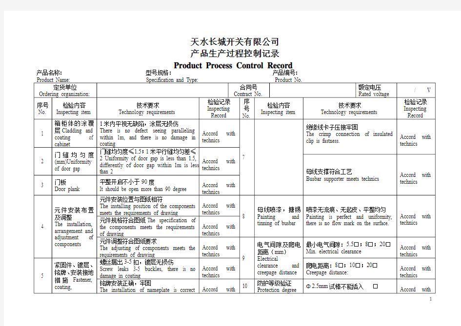 产品生产过程控制记录