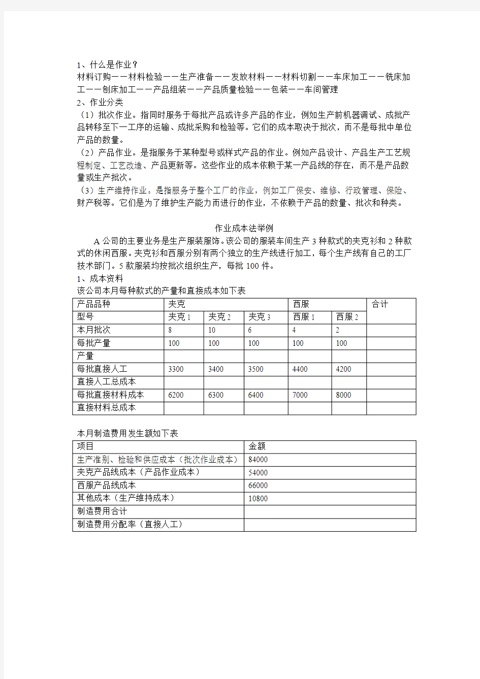 作业成本法计算案例