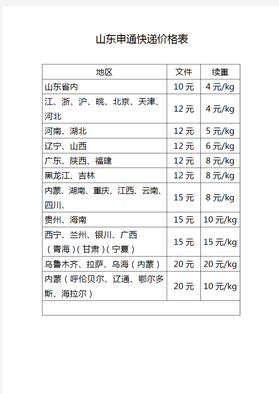 山东申通快递价格表