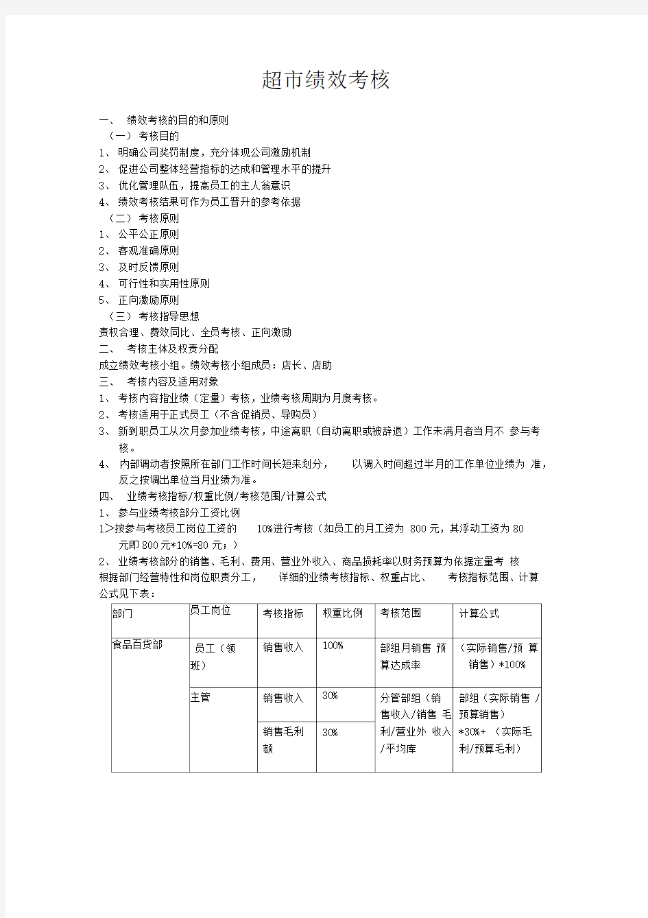 超市绩效考核方案