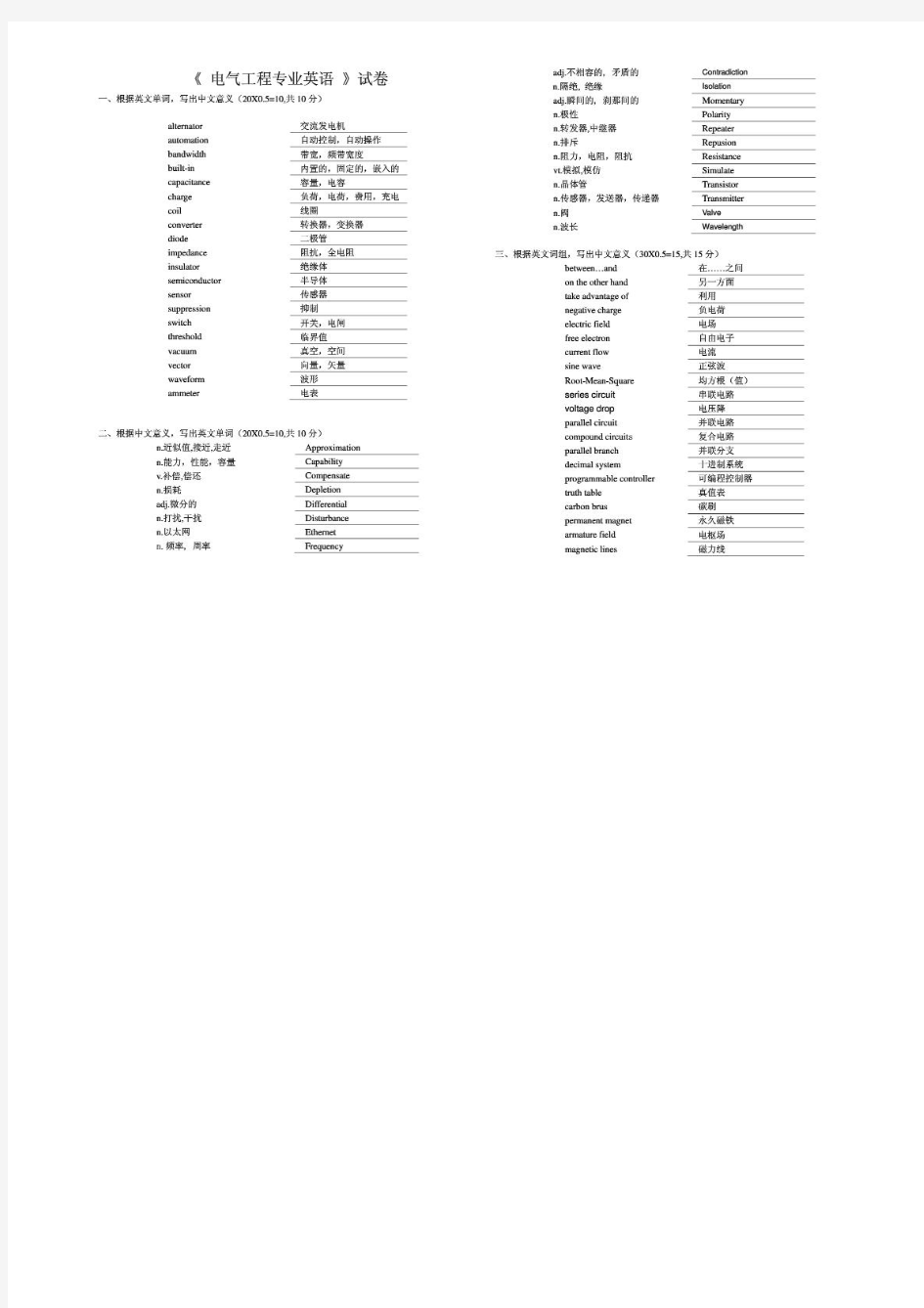 电气工程专业英语试卷及参考答案