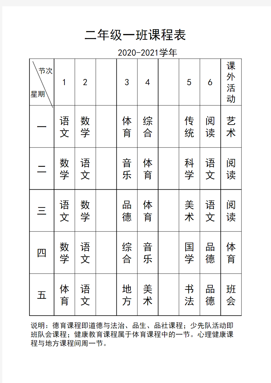 小学二年级各班级课程表