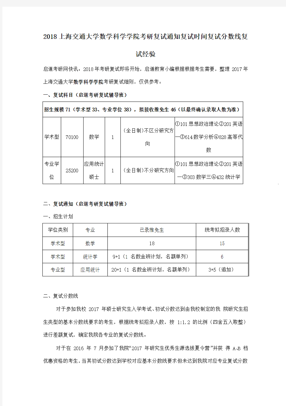 2018上海交通大学数学科学学院考研复试通知复试时间复试分数线复试经验