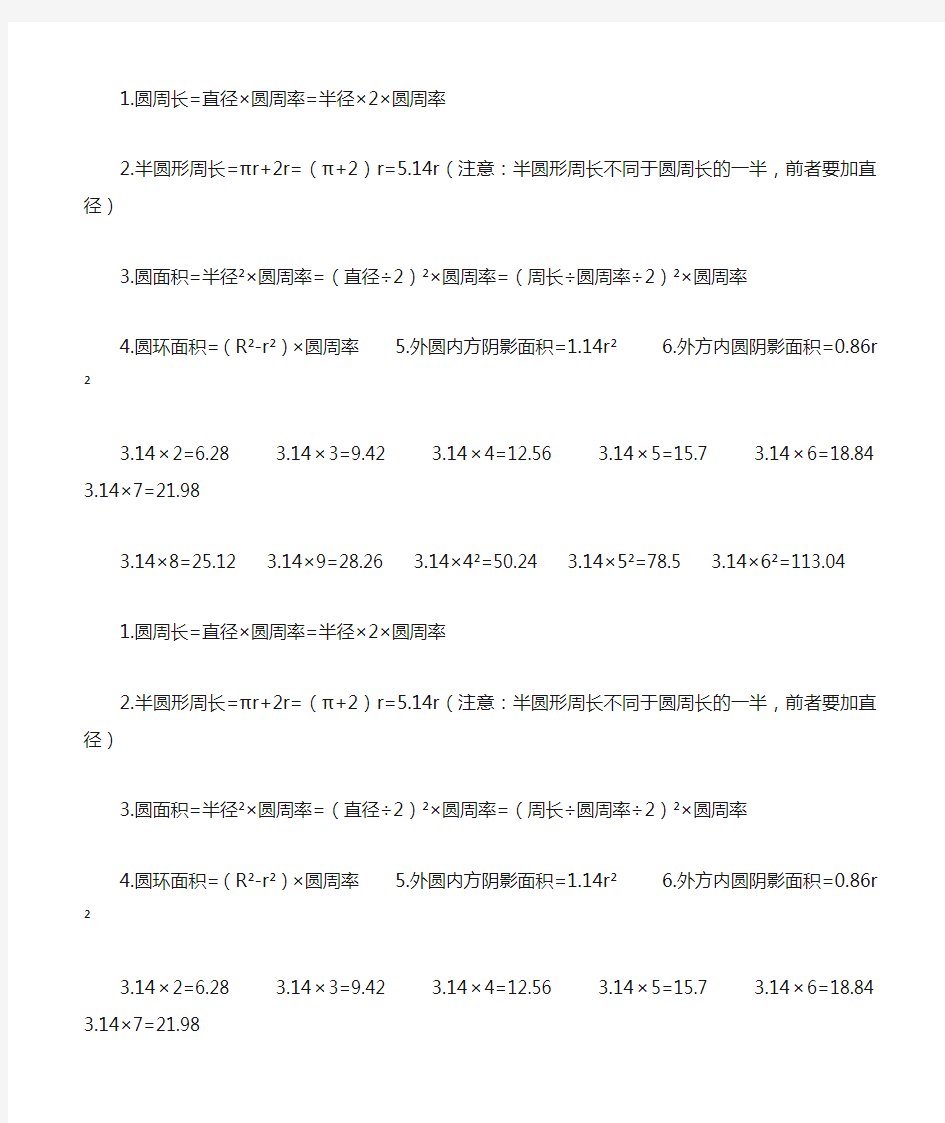 六年级数学上册圆单元重点公式