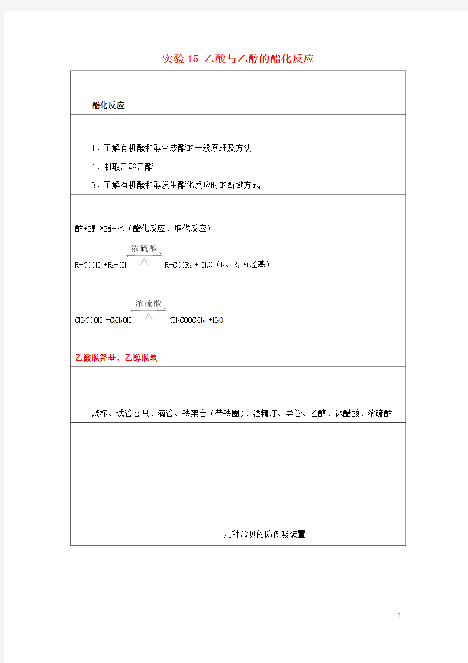 2020高一化学实验15乙酸与乙醇的酯化反应学案