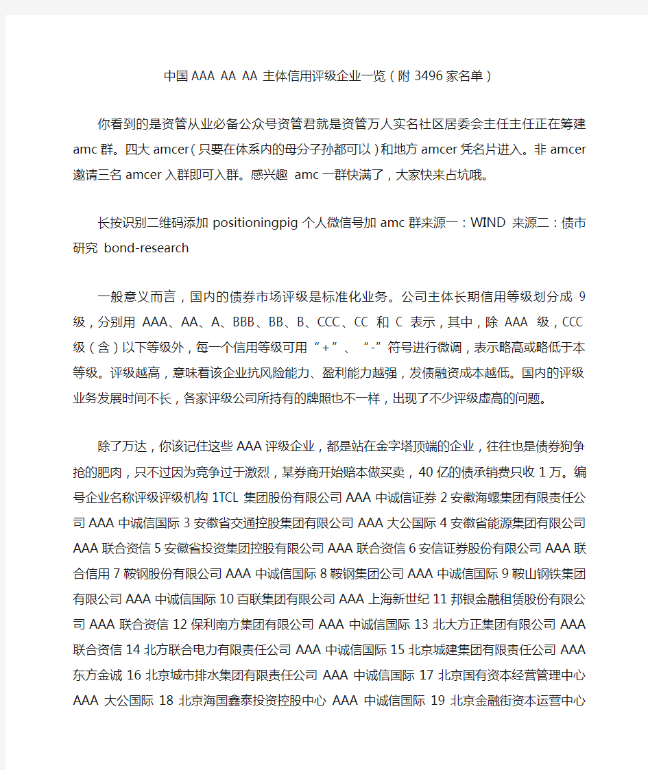中国AAA AA AA主体信用评级企业一览附家名单