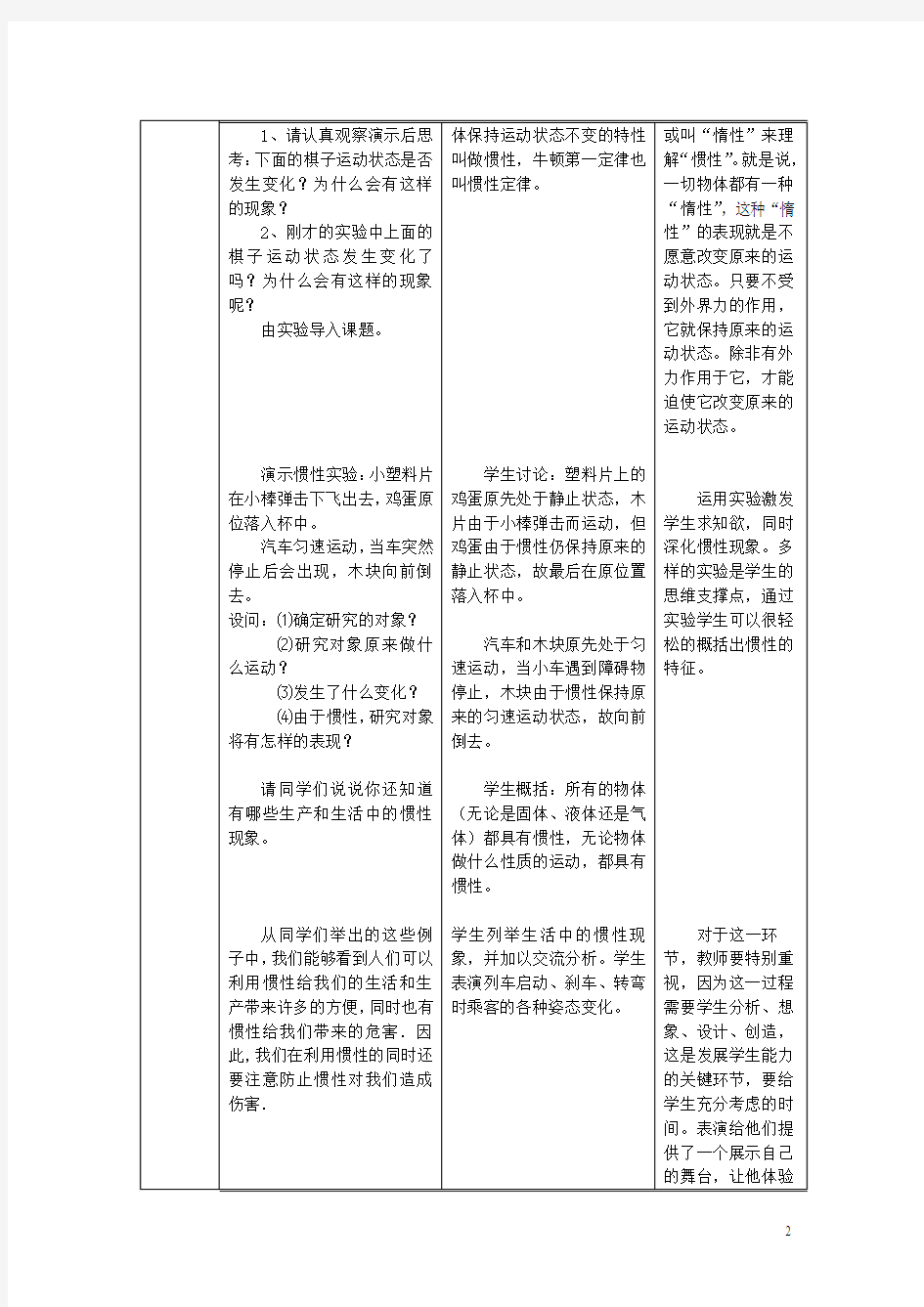 人教版物理八年级下册教学设计：8.1牛顿第一定律(二)——惯性教学设计-物理大师